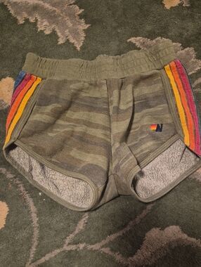 Aviator Nation Olive Camo Terry Shorts with Rainbow Side Stripes